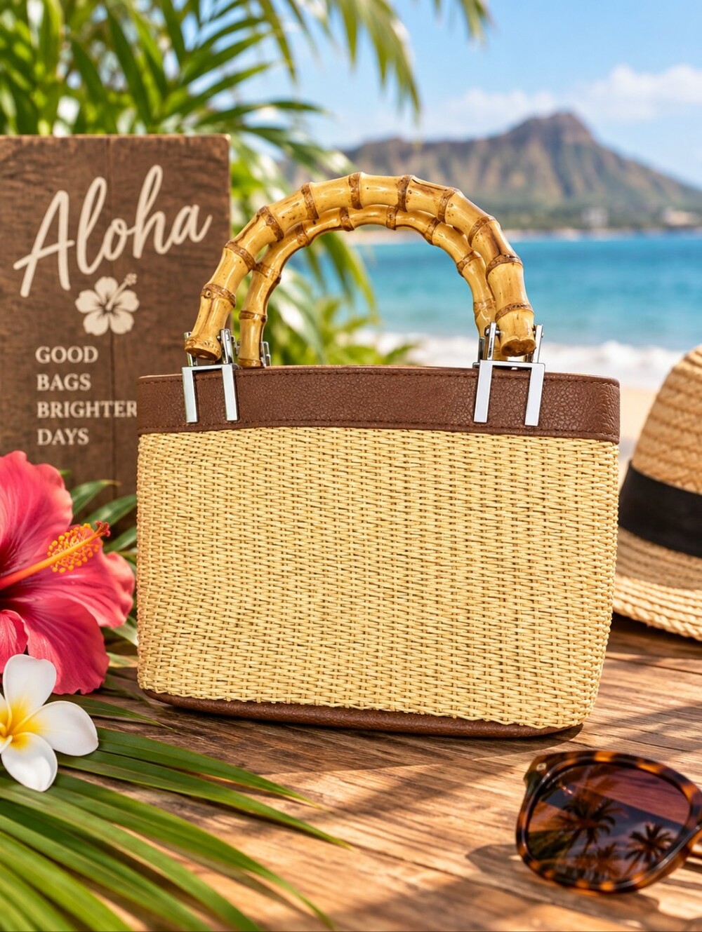 Sunny Hawaii Straw Mini Tote Bamboo Handles Tan Brown 9x5x2.5" 1H